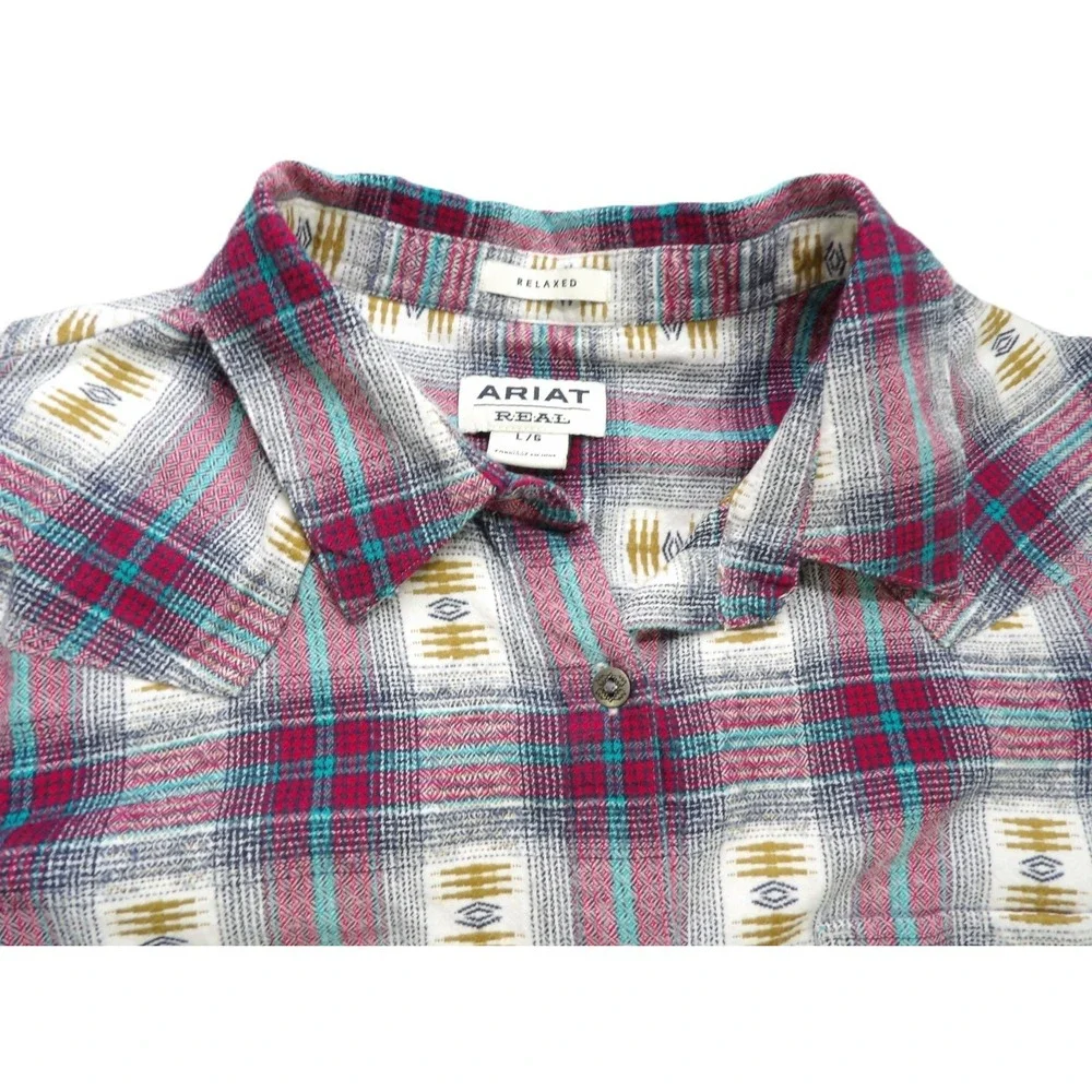 Ariat Real Relaxed Fit Shirt Women L Pink Plaid Aztec Western Button Cotton Tops